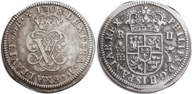 Philip V, 2 Reales, 1708, Segovia-Y, Crowned PV monogram/arms, 28 mm, Choice VF, excellent metal with lt tone, well struck, quite attractive. (A VF+, ...