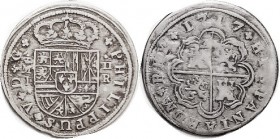 Philip V, 2 Reales, 1717, Madrid-J, Crowned arms/lions & castles, 28 mm, VF/AF, broad flan, rev somewhat crudelky struck, good metal with nice lt tone...