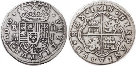 Philip V, 2 Reales 1718, Segovia-J, crowned arms/lions & castles, 27+ mm, VF, well struck, good metal with medium tone, hardly noticeable scratches. (...
