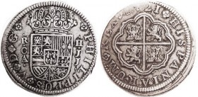 Philip V, 2 Reales, 1721, Cuenca-JJ, Lions & castles/ arms, 27+ mm, VF, rev sl off-ctr, good metal, medium tone. (Same variety, VF,+ brought $131, Aur...