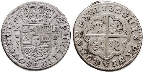 Philip V, 2 Reales, 1732, Seville-PA, Arms/lions & castles, 27 mm, Nice AVF, wel...