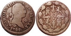 Charles IV, 4 Maravedis, 1799, Segovia, Nice bold VG, minimally off-ctr, medium brown, very strong for the grade.