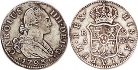 Charles IV, 2 Reales, 1793-Seville-CN, Choice VF, well struck with strong detail, perfect metal with lt tone. Too good to be true.