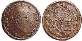 Ferdinand VII, 8 Maravedis, 1819-J, Choice VF/AEF, medium brown, a bold detailed problem-free coin. (A VF+ sold for $69, Aureo & Calico 4/15.)