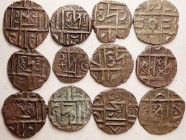 BHUTAN, bronze Deb Rupees, 1790-1910, Lot of 12, most or all diff varieties, crude primitive issues, generally VF & decent. Some may be scarce.