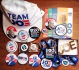BIDEN campaign memorabilia: 11 pinback buttons (6 diff), all 57 mm; 2 enameled 32 mm star pins, Biden name on back, one in plastic box; 2 diff vars of...