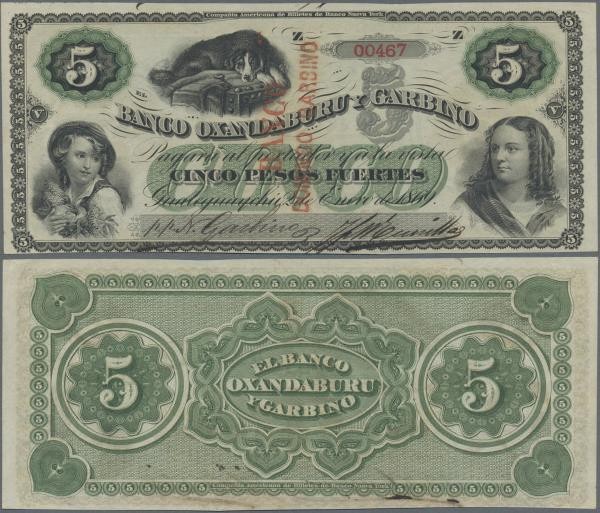 Argentina: Banco Oxandaburu y Garbino 5 Pesos Fuertes 1869 with red overprint ”B...