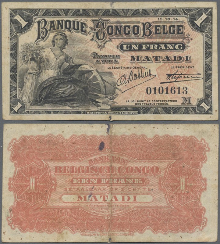 Belgian Congo: Banque du Congo Belge, Matadi: 1 Franc 1914 P.3B, folds, pinholes...