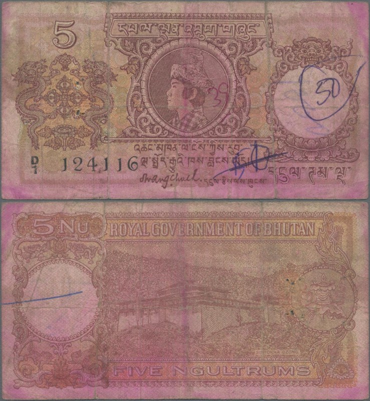 Bhutan: Royal Government of Bhutan 5 Ngultrum ND(1974), P.2, some discoloration,...