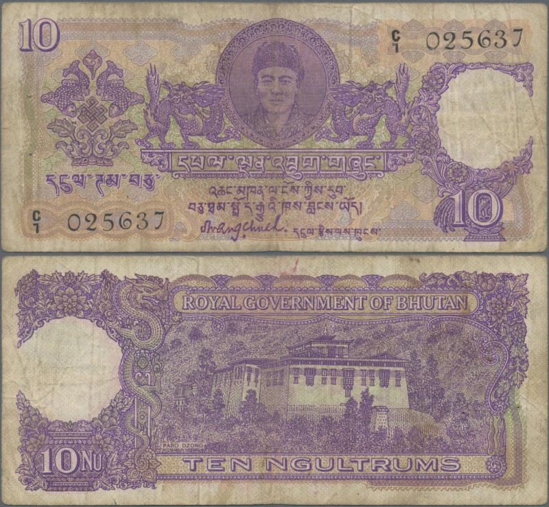 Bhutan: Royal Government of Bhutan 10 Ngultrum ND(1974), P.3, toned paper, tiny ...