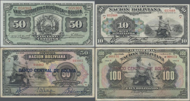 Bolivia: Very nice group with 8 banknotes comprising 50 Centavos 1902 P.91 (UNC)...