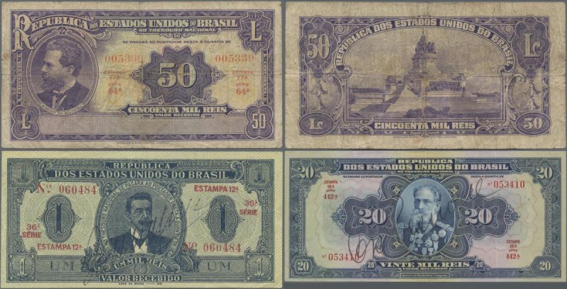 Brazil: Lot with 3 banknotes containing 1 Mil Reis ND(1921) P.8 (VF), 50 Mil Rei...