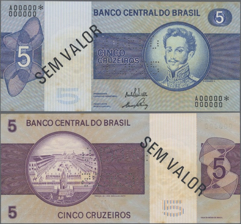 Brazil: Banco Central do Brasil 5 Cruzeiros ND(1970-79) SPECIMEN, P.192s with bl...