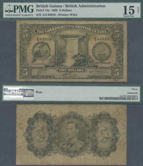 British Guiana: 5 Dollars 1938 P. 14a, rare note, PMG graded 15 Choice Fine Net....