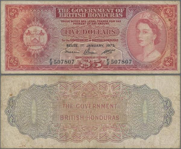 British Honduras: 5 Dollars 1973, P.30c, lightly stained paper with several fold...