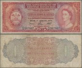 British Honduras: 5 Dollars 1973, P.30c, lightly stained paper with several folds. Condition: F. Rare!
 [taxed under margin system]
