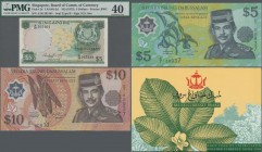Brunei: Original folder with number C/1 00937 with the first polymer issue of 1, 5 and 10 Ringgit 1996 P.22a, 23a, 24a in UNC and a 5 Dollars Singapor...
