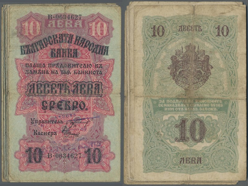 Bulgaria: Set with 13 Banknotes 10 Silver Leva ND(1916), P.17, all in well worn ...