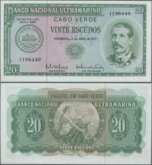 Cape Verde: Banco Nacional Ultramarino 20 Escudos 1972, P.52, soft diagonal bend...