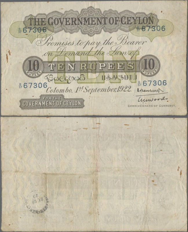 Ceylon: The Government of Ceylon 10 Rupees 1st September 1922, P.12, very popula...