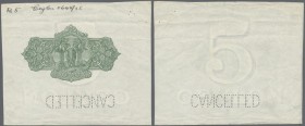 Ceylon: Vignette Proof for the back side of 5 and 10 Rupees P. 22p and 24p on watermarked paper with printers annotations and ”Cancelled” perforation,...