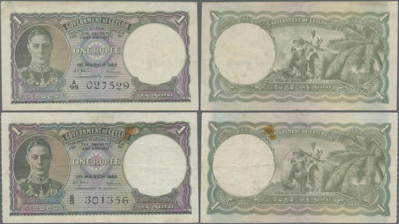 Ceylon: set of 2 notes 1 Rupee 1949 P. 34, both with light folds in paper, one w...