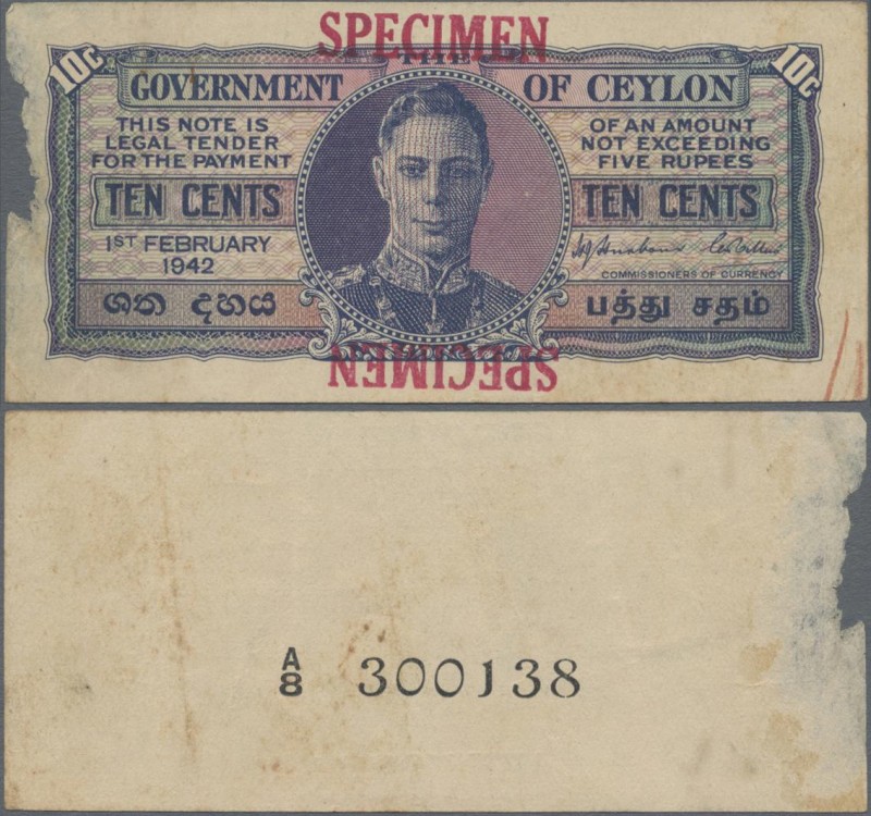 Ceylon: Government of Ceylon 10 Cents 1st February 1942 SPECIMEN, P.43as, red ov...