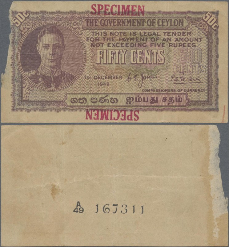 Ceylon: Government of Ceylon 50 Cents 1st December 1949 SPECIMEN, P.45bs, red ov...