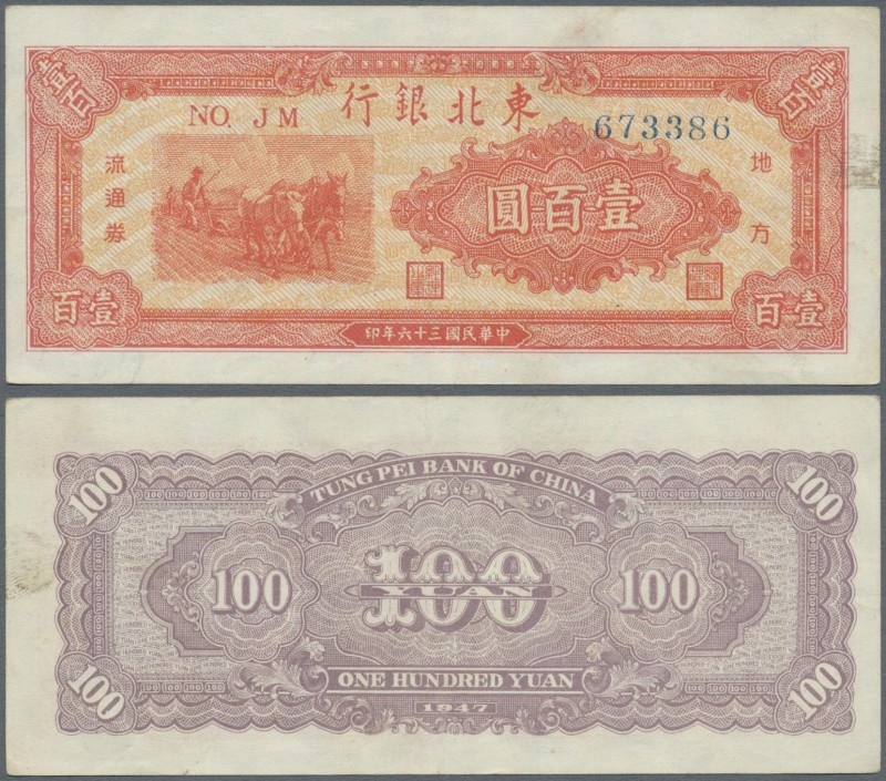 China: Tung Pei Bank of China 100 Yuan 1947 P. S3747, lightly used with 3 vertic...