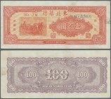 China: Tung Pei Bank of China 100 Yuan 1947 P. S3747, lightly used with 3 vertical folds and handling in paper but no holes or tears, a light stain tr...