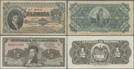 Colombia: Republica de Colombia pair with 25 Pesos 1904 P.313 (F/F+) and 1/2 Peso 1948 P.345a (XF). (2 pcs.)
 [taxed under margin system]