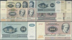 Denmark: set of 10 notes containing 10 Kroner 1976 & 1977 P. 48 (XF & UNC), 2x 20 Kroner 1979 P. 49 (XF+ and VF), 2x 50 Kroner 1989 & 1996 P. 50 (pres...