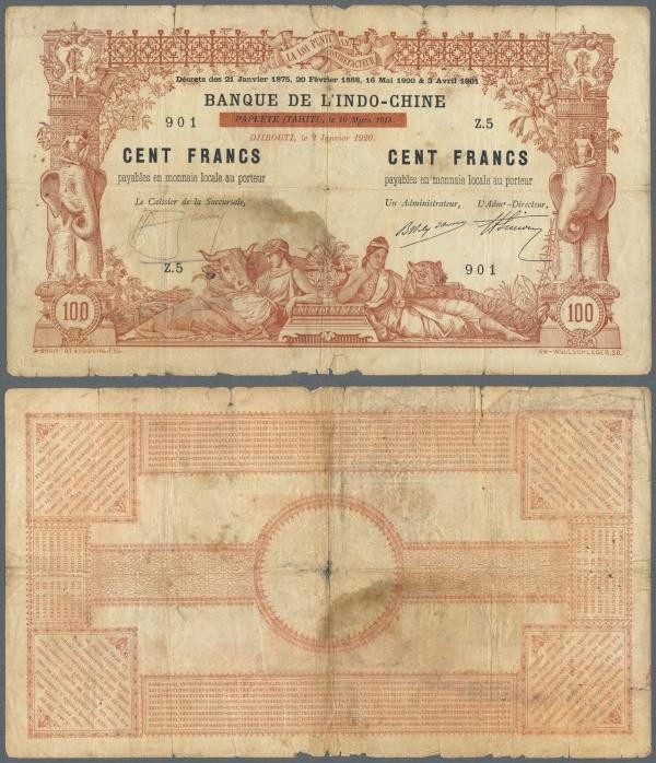 Djibouti: 100 Francs 1920 on Banque de l'Indochine 1914 P. 4a, a bit stronger us...