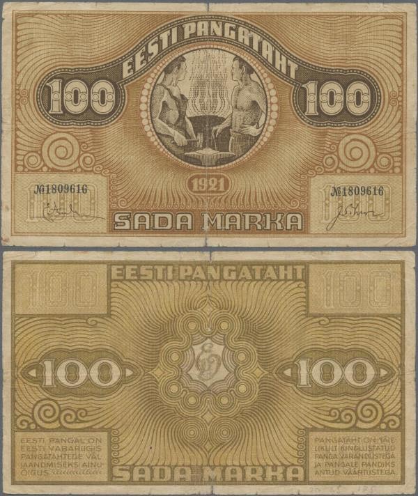 Estonia: Eesti Pangatäht 100 Marka 1921, watermark vertical lines, P.56b, still ...