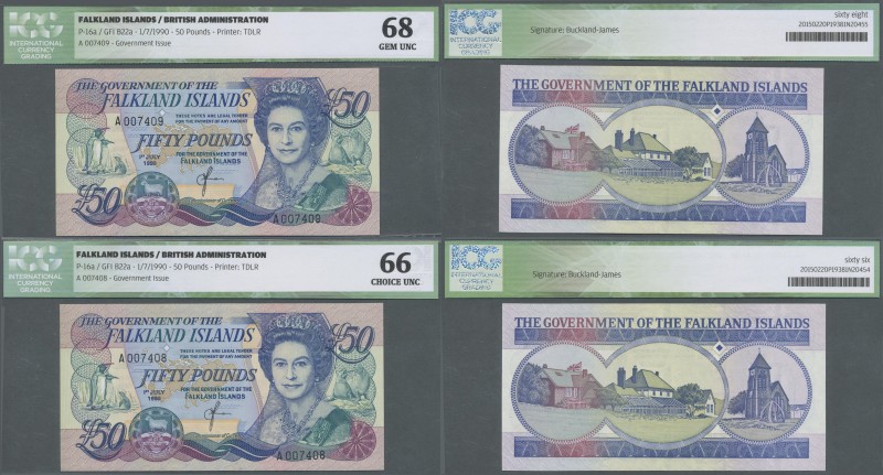 Falkland Islands: Set of 2 consecutive notes 50 Pounds 1990 P. 16a, serial #A007...