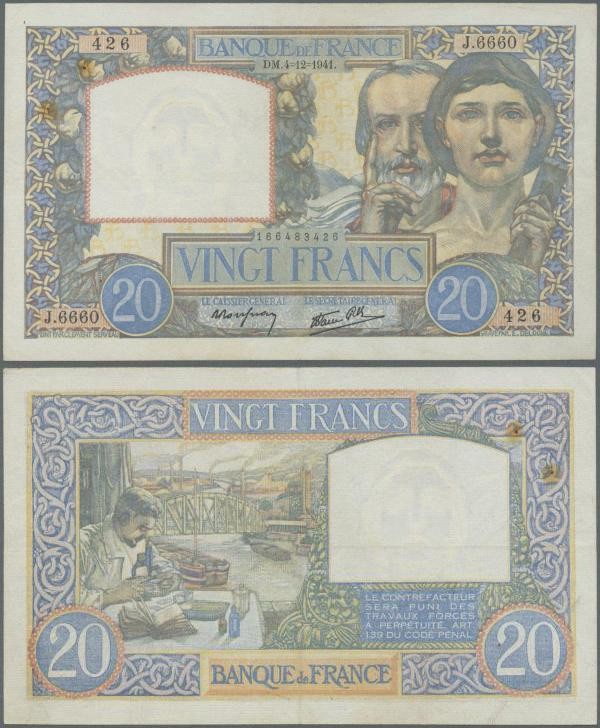 France: 20 Francs 04.12.1941 P. 92b, light folds in paper, washed and pressed ev...