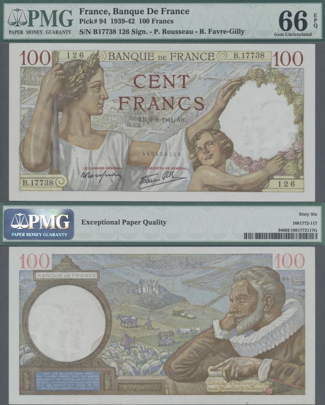 France: Banque de France 100 Francs 1941, P.94, PMG graded 66 Gem Uncirculated E...