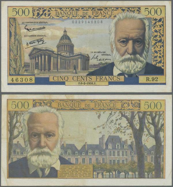 France: 500 Francs 1958 P. 133b, Victor Hugo, pressed even it would not have bee...
