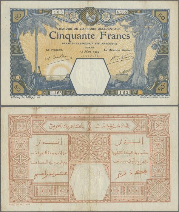 French West Africa: 50 Francs 1929 DAKAR P. 9Bc, with additional serial number b...