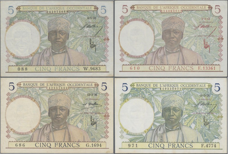 French West Africa: Banque de l'Afrique Occidentale set with 4 banknotes compris...