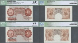 Great Britain: Set of 2 consecutive notes 10 Shillings ND(1955) P. 368cr, both ICG graded 63* UNC. (2 pcs)
 [taxed under margin system]