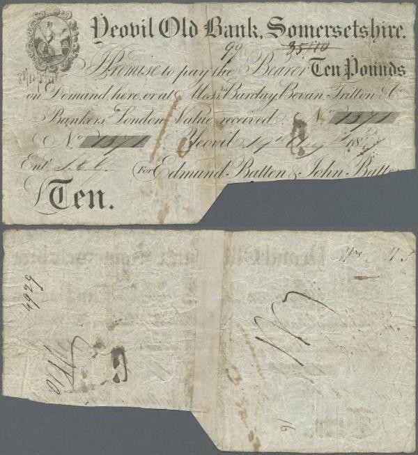 Great Britain: Somersetshire 10 Pounds 1847, Grant 3354C, cancelled at lower rig...