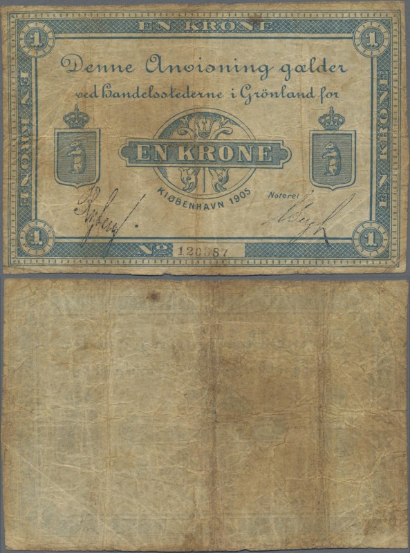 Greenland: Handelsstederne i Grønland 1 Krone 1905 with signatures: Ryberg & Ber...