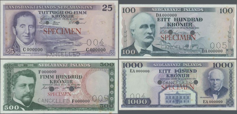 Iceland: Lot 4 Specimen Banknotes: 25 Kronur 1957 Specimen P. 39s, 100 Kronur 19...