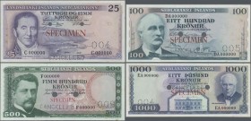 Iceland: Lot 4 Specimen Banknotes: 25 Kronur 1957 Specimen P. 39s, 100 Kronur 1961 P44s, 500 Kronur 1961 P 45s, 1000 Kronur 1961 P46s. All banknotes w...