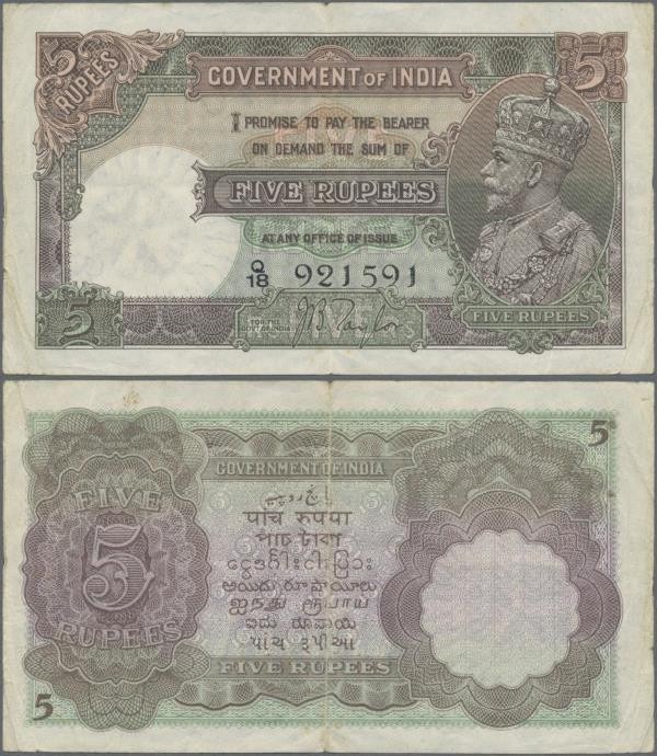 India: 5 Rupees ND portrait KGV P. 15a, used with folds and creases, pinholes, n...