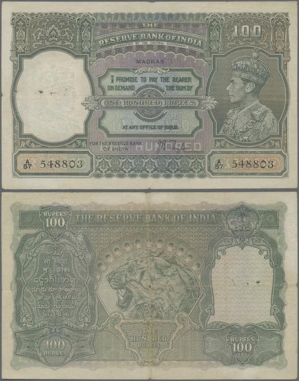 India: 100 Rupees ND(1937) portrait KGIV P. 20n, MADRAS issue, used with folds a...