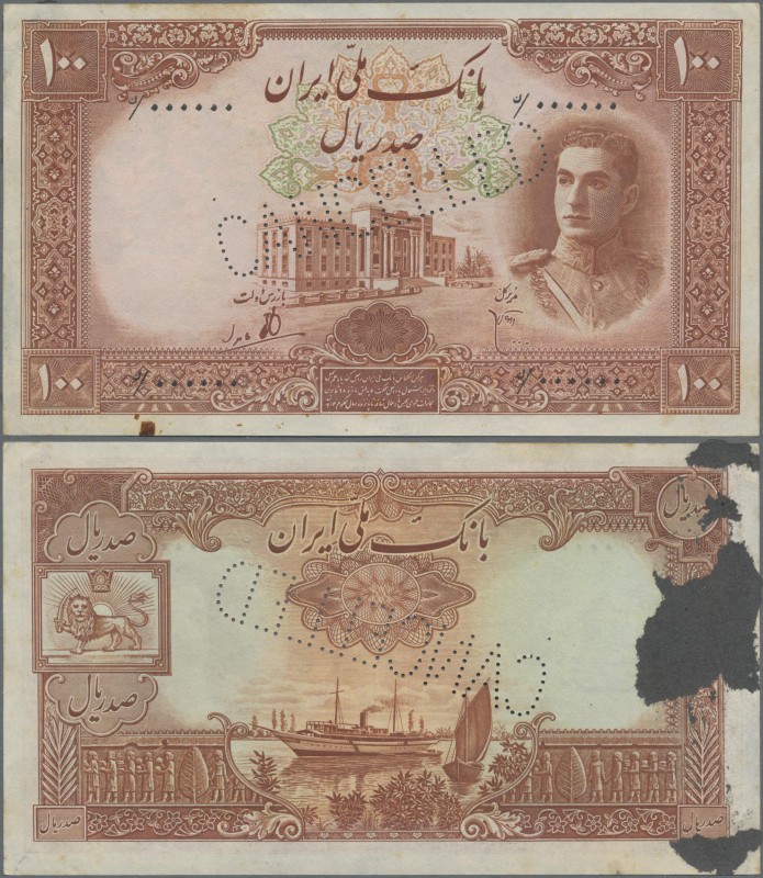 Iran: Bank Melli Iran, 100 Rials ND (1944), P.43s, Specimen with perforation ”Ca...