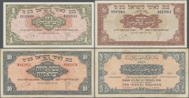 Israel: National Bank in Israel, set with 3 banknotes of the ND(1952) series with 1 Pound P.20 (XF+), 5 Pounds P.21 (VF+/XF) and 10 Pounds P.22 (VF). ...
