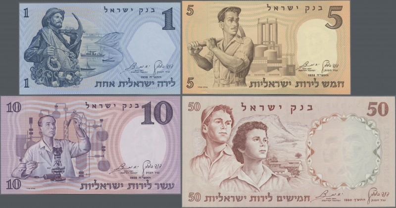 Israel: Set with 5 banknotes of the 1958-60 Lirot series with ½, 1, 5, 10 and 50...